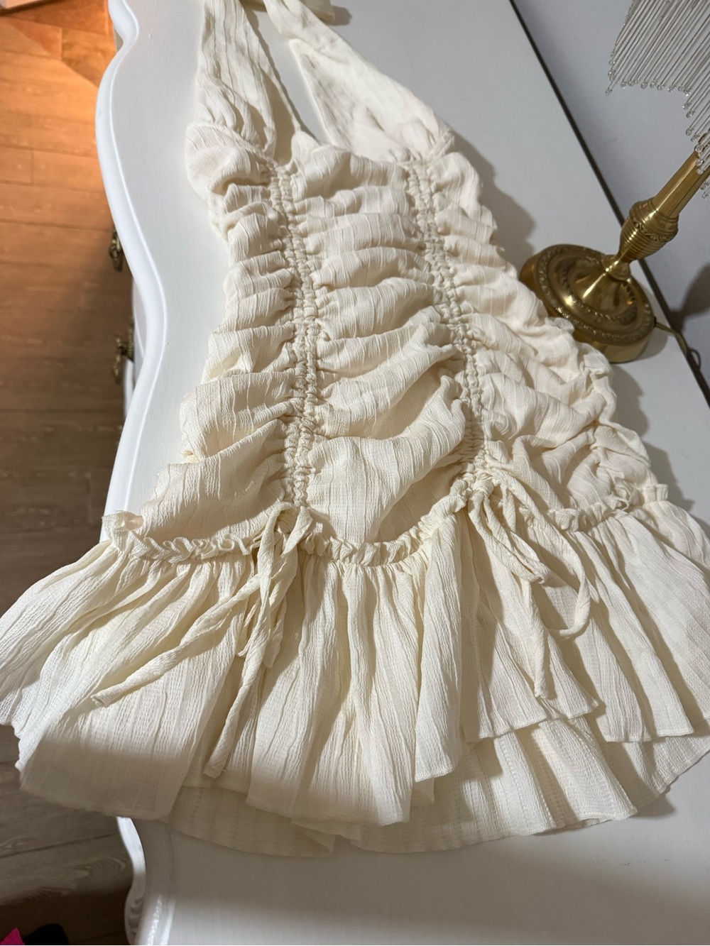Cream Ruffle Mini Dress with Shirred Detail - outcast never worn xs